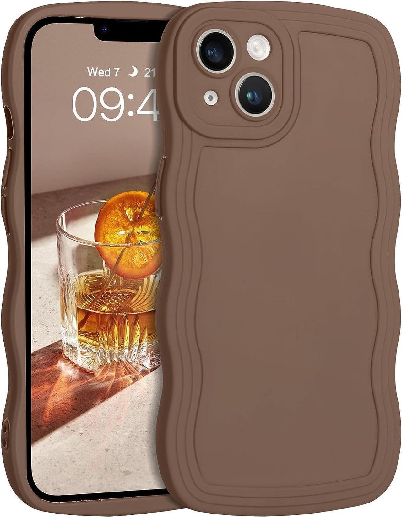 Designed for iPhone 14 Case, Brown Phone Cover, Cute Curly Wave Frame Shape Slim Soft TPU Gel Rubber Bumper Shockproof Protective Phone Cases 6.1 Inch, Khaki