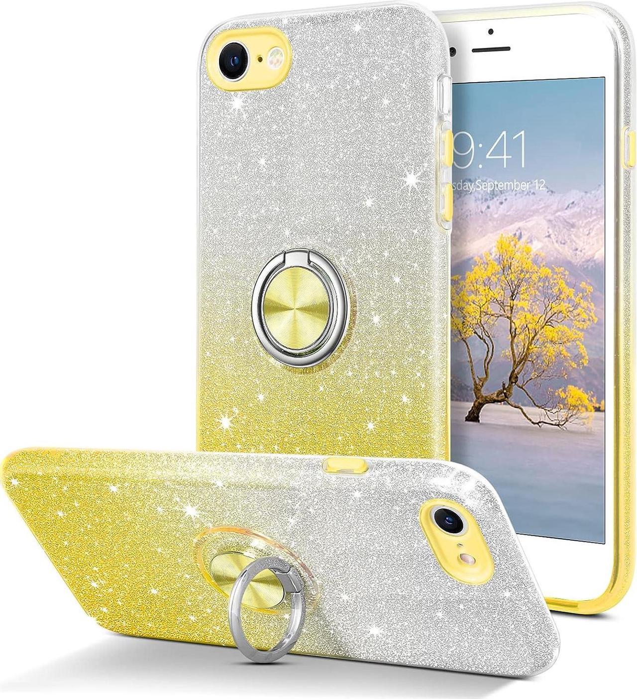 iPhone SE 2022 Case,iPhone SE Case 2020,iPhone 8 Case iPhone 7 Case with 360° Rotatable Ring Holder Glitter Slim Shockproof Phone Cover for iPhone SE 3rd Gen/SE 2nd Generation/7/8 4.7\u201d,Yellow