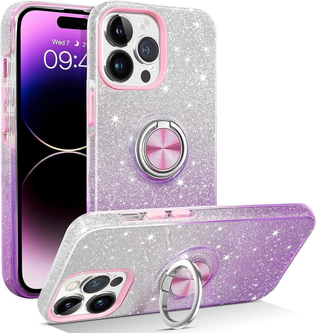 iPhone 14 Pro Max Case with 360° Rotatable Ring Holder Magnetic Kickstand Slim Glitter Bling Women Girls 2-Layer Shockproof Protective Phone Cover 6.7 Inch, Gradient Purple