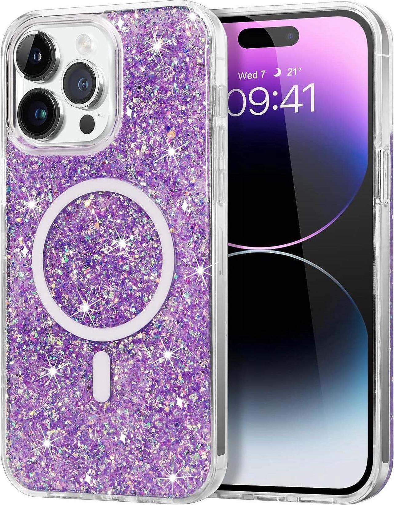 Case for iPhone 14 Pro max, [Compatible with MagSafe], Magnetic Glitter Slim Bling Sparkle Crystal Women Girls Girly Soft Cute Anti-Scratch Shockproof Protective Phone Cover 6.7 Inch, Purple