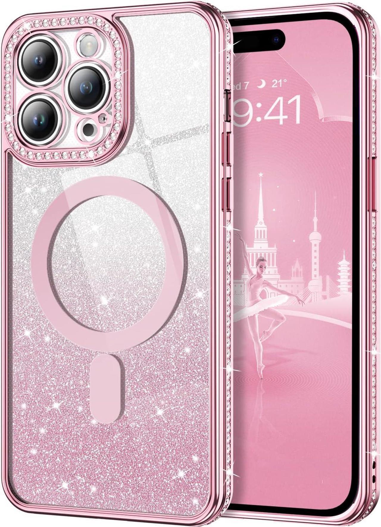 Design for iPhone 14 Pro Max Case, [Compatible with MagSafe] Magnetic Glitter Cute Slim Clear Women Girly Bling Diamond Sparkle Plating Soft Shockproof Protective Phone Cover 6.7 Inch, Pink