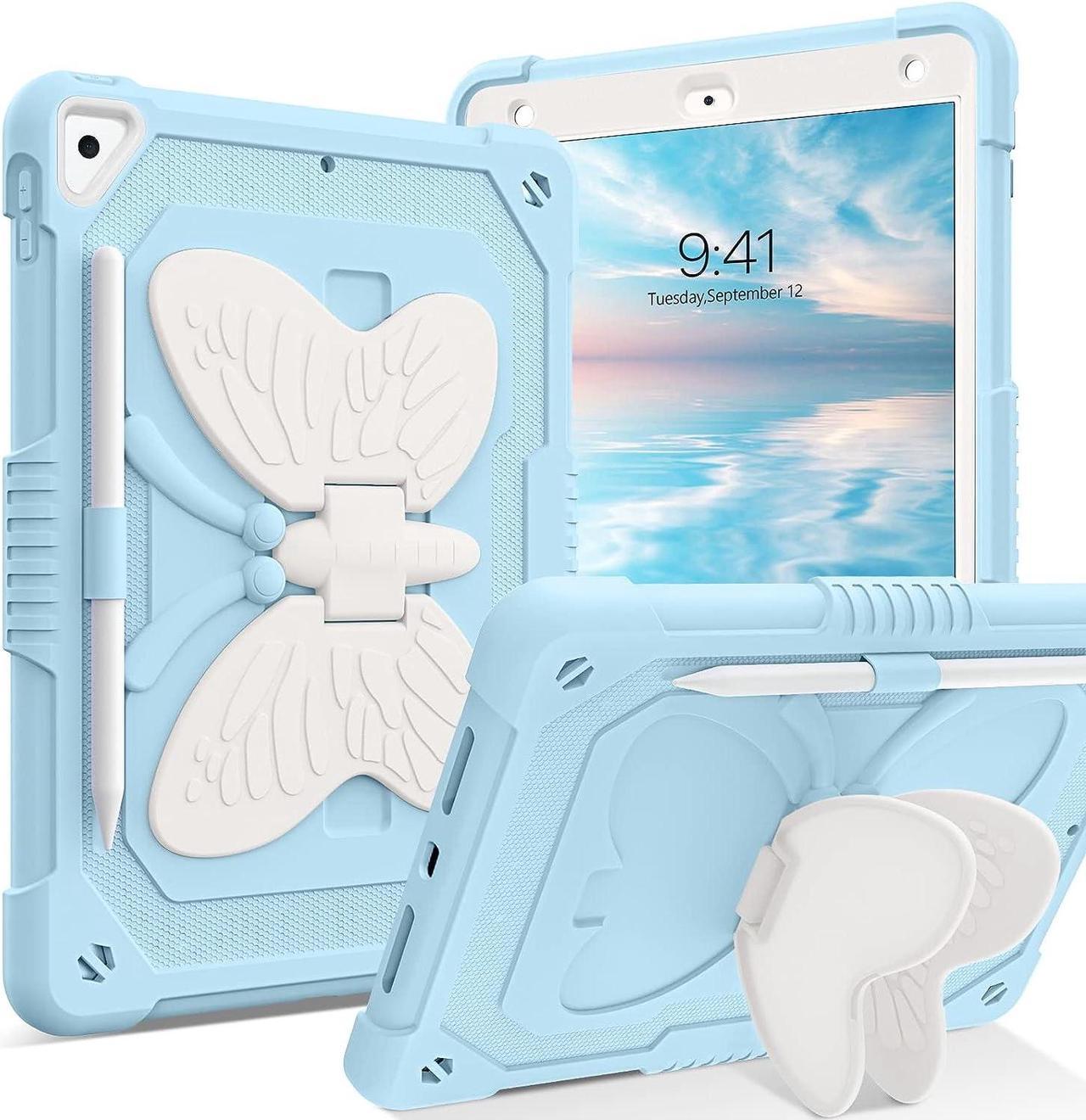 Case for iPad 6th/5th Generation 9.7-Inch, 2018/2017 Model, iPad Air 2 Case/iPad Pro 9.7 Case Kids Women Boys Shockproof Protective Tablet Cover with Pencil Holder Butterfly Kickstand, Blue