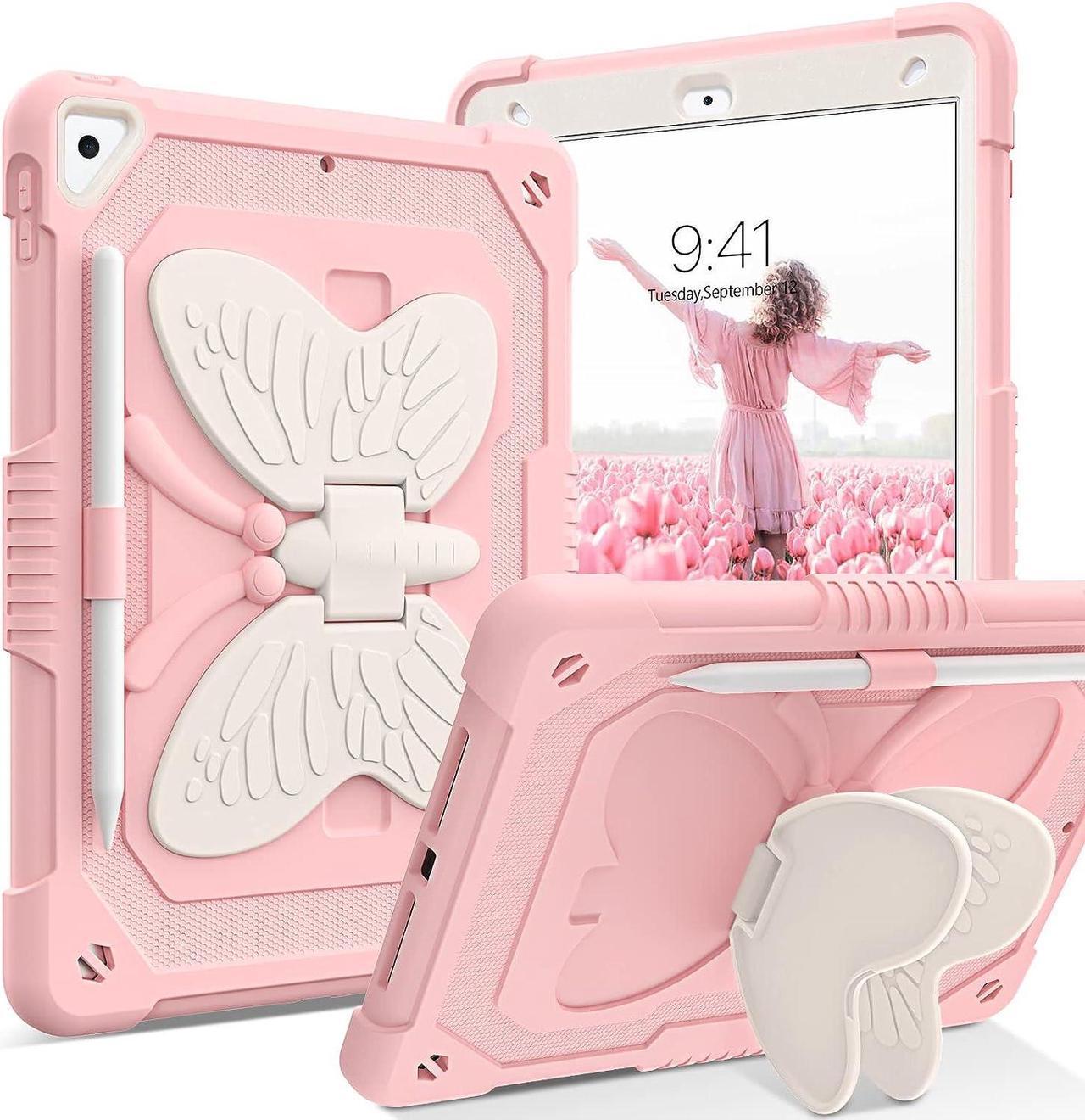 iPad 10.2 Inch Case,iPad 9th 8th 7th Generation Case,iPad air 3rd Gen Case with Pencil Holder Kids Girls Butterfly Kickstand Shockproof Protective Cover for iPad 9th 8th 7th Gen 2021/2020,Pink