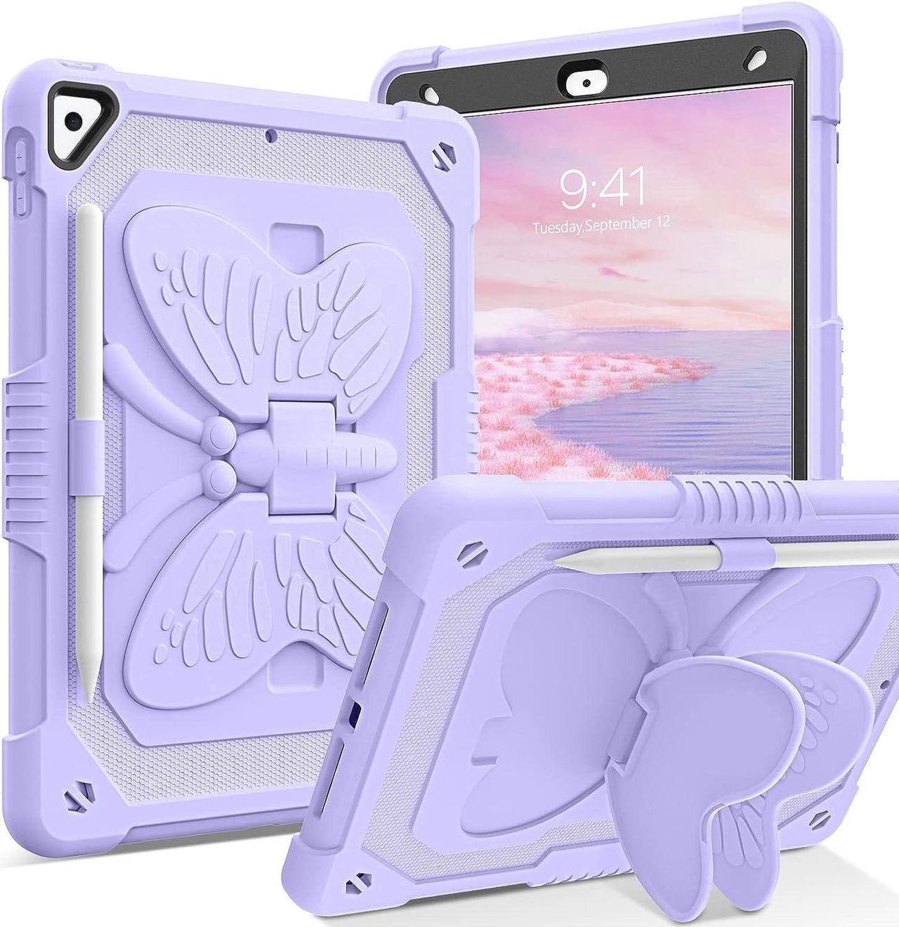 for iPad 9th 8th 7th Generation Case,iPad 10.2 Inch 9 8 7 Gen 2021/2020/2019 Case,iPad air 3rd Case with Pencil Holder Butterfly Kickstand Kids Girls Shockproof Protective Cover,Lavender Purple