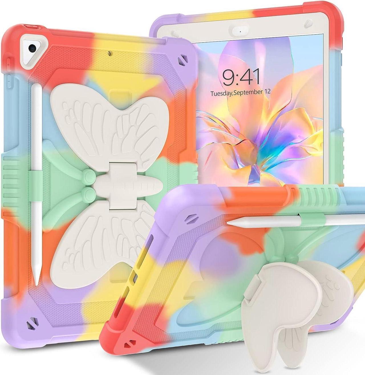 Case for iPad 10.2 Inch, iPad 9th 8th 7th Generation Case 2021/2020/2019, iPad Air 3 Gen Case with Pencil Holder Butterfly Kickstand Kids Girls Women Shockproof Protective Cover, Colorful Red