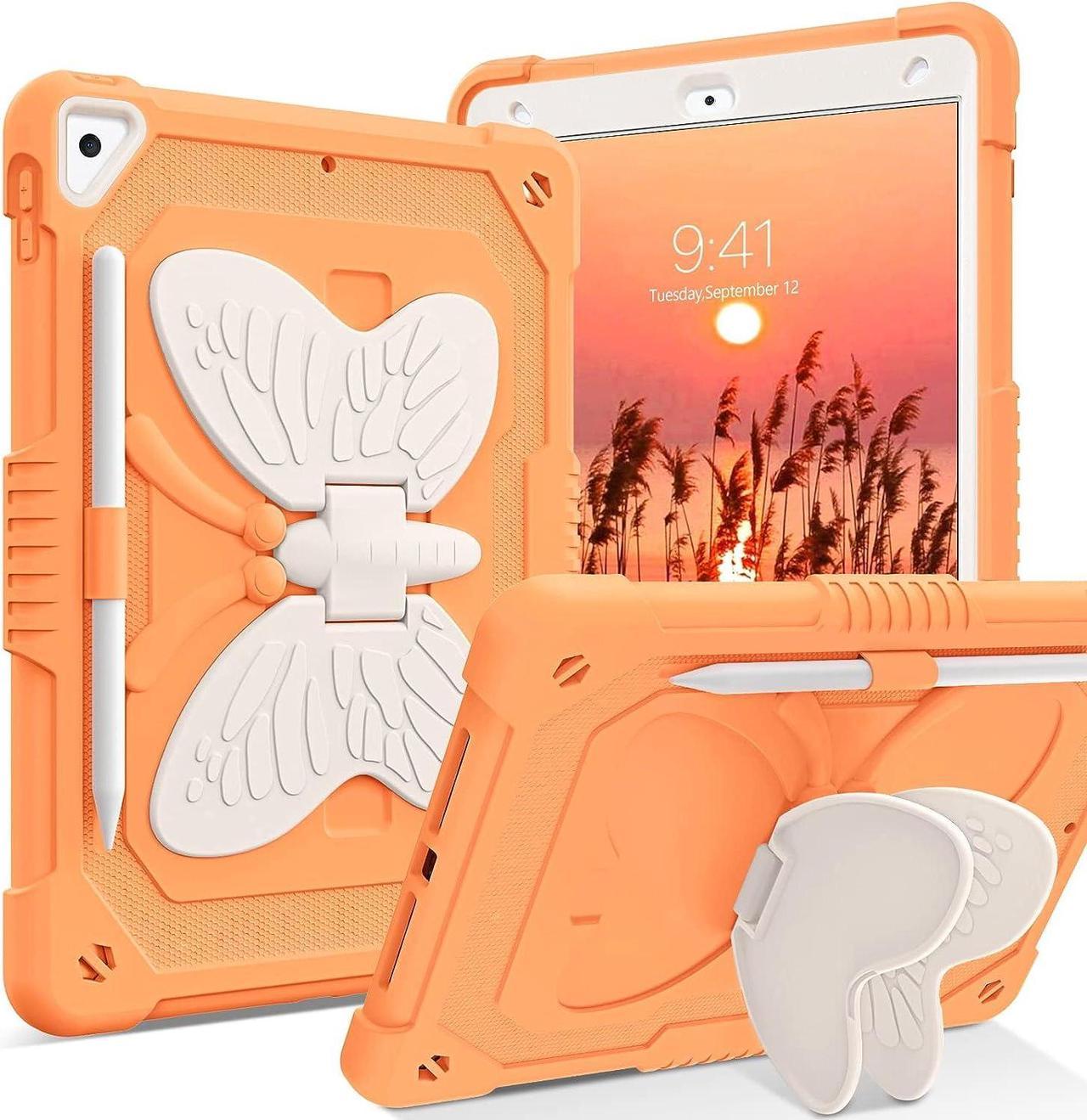 iPad 10.2 Inch Case,iPad 9th 8th 7th Generation Case 2021/2020/2019,iPad air 3rd Gen Case Kids Girls Butterfly Kickstand Shockproof Protective Cover with Pencil Holder, Orange