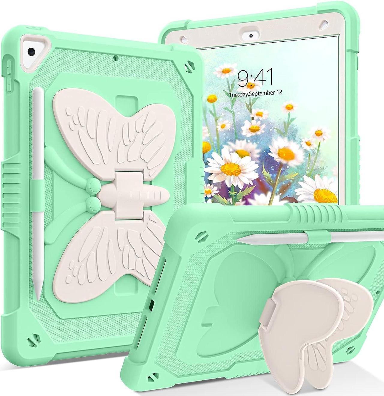 iPad 9th Generation Case, iPad 8th 7th Generation Case, iPad 10.2 Inch Case 2021/2020/2019 with Pencil Holder Butterfly Kickstand Girls Kids Heavy Duty Rugged Shockproof Protective Cover,Green