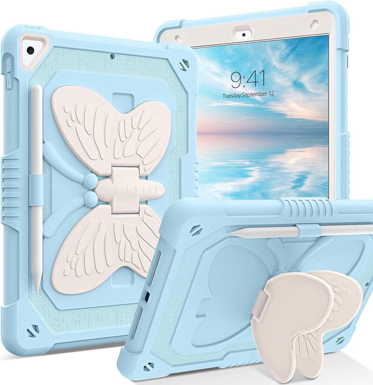 iPad 9th 8th 7th Generation Case,iPad 10.2 Inch Case,iPad air 3rd Case with Pencil Holder Butterfly Kickstand Kid Girl Shockproof Protective Cover for iPad 9 8 7 Gen 2021/2020/2019, Blue