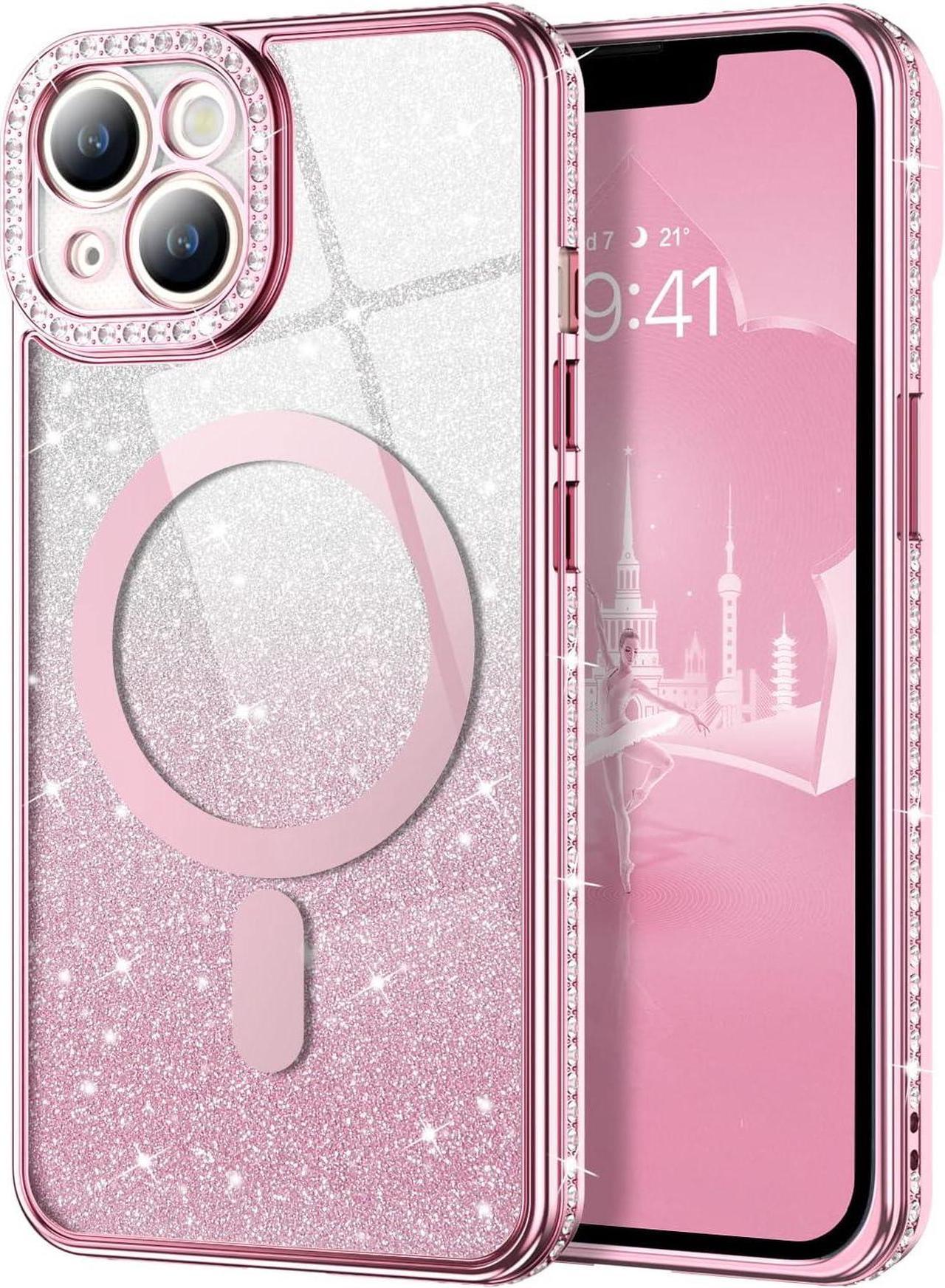 Case for iPhone 14, [Compatible with MagSafe] Glitter Clear Case for Women Girly Cute Magnetic Slim Bling Diamond Sparkle Luxury Plating Crystal Soft Shockproof Protective Cover 6.1 Inch, Pink