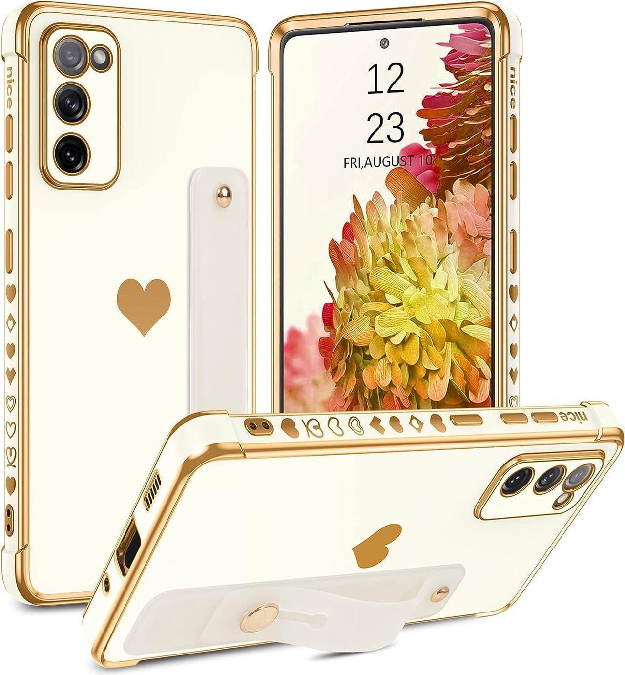 Case for Samsung Galaxy S20 FE with Stand Finger Loop Kickstand Holder Hearts Pattern Women Girls Strap Slim Soft Shockproof Protective Phone Cover for Galaxy S20 FE 4G/5G 6.5", White