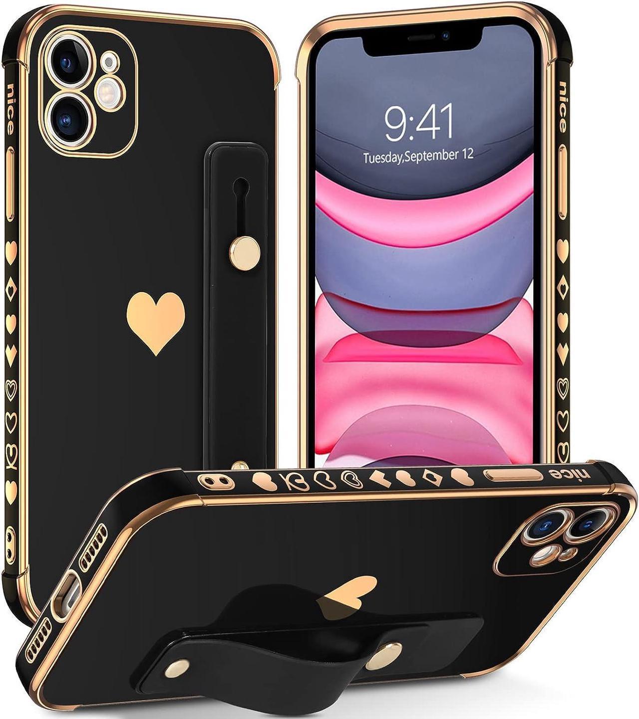 Case for iPhone 11, Hearts Pattern Love Plating Wristband Holder Kickstand Hand Strap Women Girls Slim Fit Soft TPU Shockproof Protective Phone Cases Cover for iPhone 11 6.1 inch 2019, Black