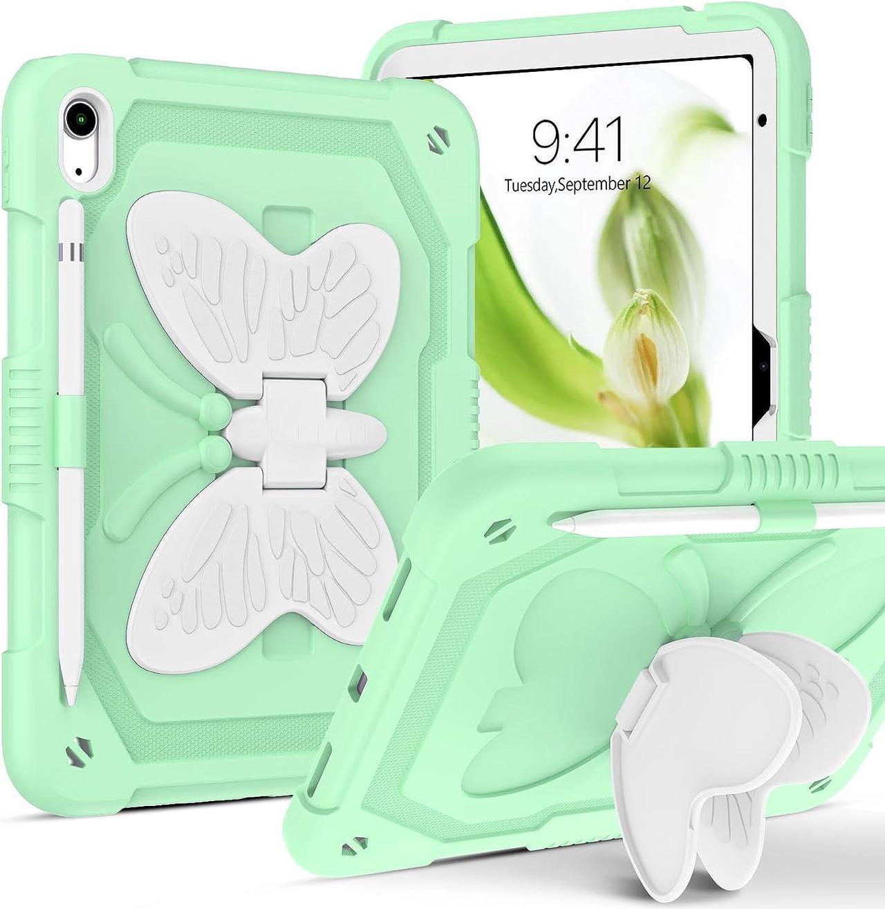 Case for iPad 10th Generation, iPad 10.9 Inch Case 2022 Kids Girls Butterfly Kickstand Slim Shockproof Protective Tablet Cover with Pencil Holder for iPad 10th Gen A2696 A2757 A2777, Green