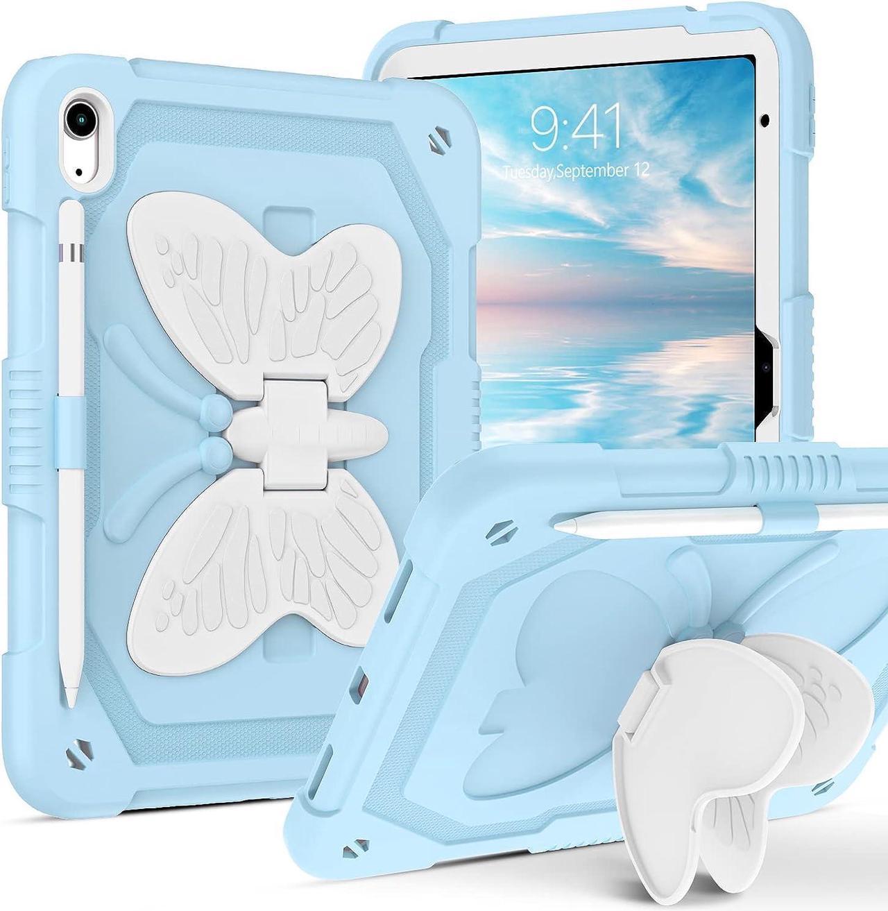 for iPad 10th Generation Case 2022 iPad 10.9 Inch Case with Pencil Holder Stand Butterfly Kickstand Girls Women Kids Shockproof Protective Tablet Cover for iPad 10th Gen A2696 A2757 A2777,Blue