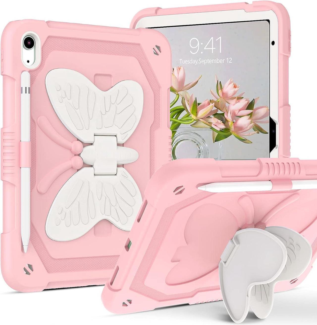 Case for iPad 10th Generation 2022 10.9 Inch with Pencil Holder Stand Butterfly Kickstand Girls Women Kids Shockproof Protective Tablet Cover for iPad 10th Gen A2696 A2757 A2777, Pink