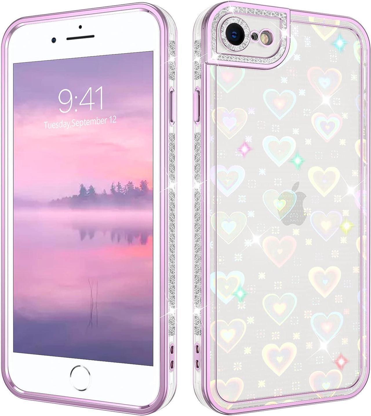 Case for iPhone SE 2022 / SE 2020 Case, Women Girls Bling Heart Pattern Sparkle Soft Shockproof Protective Case Cover for iPhone SE 3rd /2nd Generation,Clear Laser Glitter(Rainbow Heart/Clear)