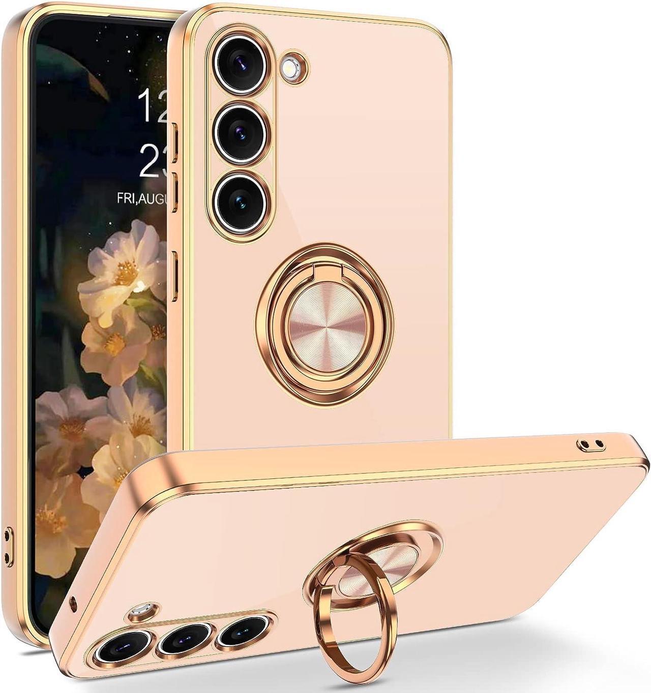 Designed for Samsung Galaxy S23 Case 6.1 Inch with 360° Rotatable Ring Holder Magnetic Kickstand Women Girls Men Slim Electroplated Gold Shockproof Protective Phone Cover 6.1", Pink