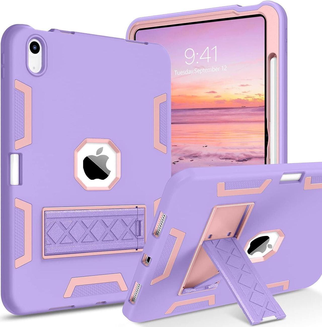 Case for iPad 10th Generation 10.9 Inch 2022 Kids Girls Women Kickstand Slim Silicone Shockproof Protective Tablet Cover with Pencil Holder for iPad 10th Gen A2696 A2757 A2777, Purple/Pink