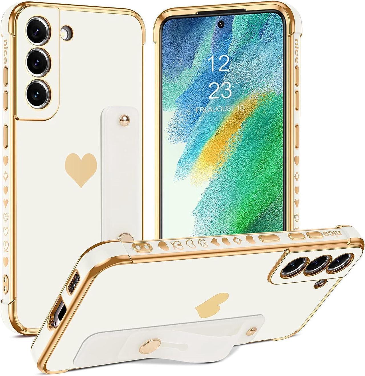 Samsung Galaxy S21 FE 5G Case,Hearts Pattern Love Plating Women Girls Wristband Holder Kickstand Hand Strap Stand Slim Soft Shockproof Protective Phone Cases Cover for Samsung S21 FE 5G,White