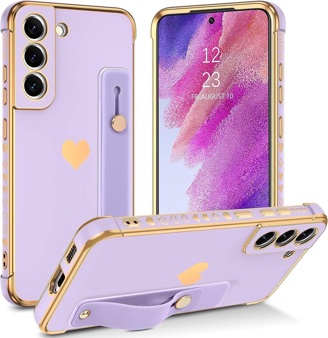 Samsung Galaxy S21 FE 5G Case,Hearts Pattern Love Plating Women Girls Wristband Holder Kickstand Hand Strap Stand Slim Soft Shockproof Protective Phone Cases Cover for Samsung S21 FE 5G,Purple