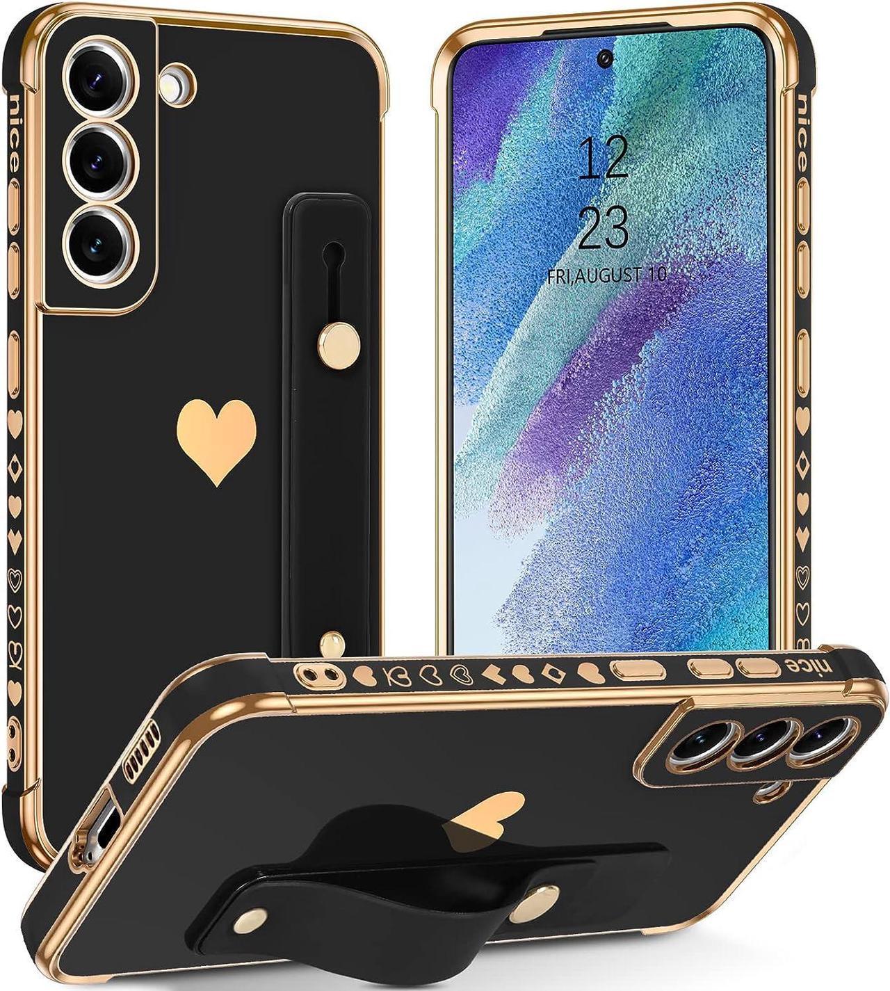 Samsung Galaxy S21 FE 5G Case,Hearts Pattern Love Plating Women Girls Wristband Holder Kickstand Hand Strap Stand Slim Soft Shockproof Protective Phone Cases Cover for Samsung S21 FE 5G,Black