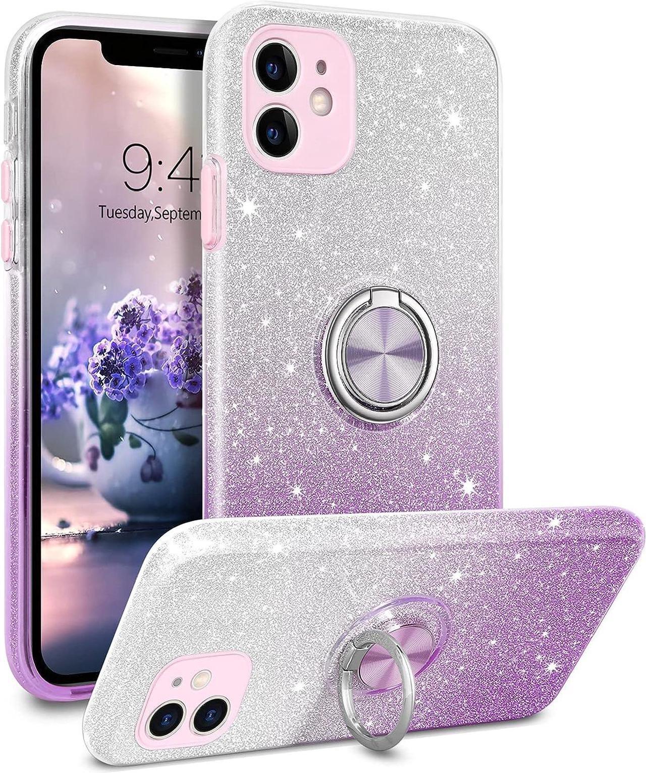 Case for iPhone 11 Women Girls Slim Sparkly Glitter with 360° Rotatable Ring Holder TPU 3 Pieces Bling Shockproof Protective Phone Cases Cover for iPhone 11 6.1'',Gradient Purple