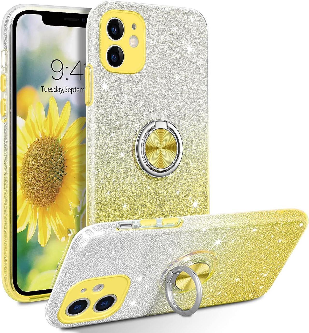 Case for iPhone 11 with 360° Rotatable Ring Holder Kickstand Glitter Sparkly Slim Women Girls Soft TPU Hard PC Shockproof Protective Phone Cases Cover 6.1 inch, Gradient Yellow