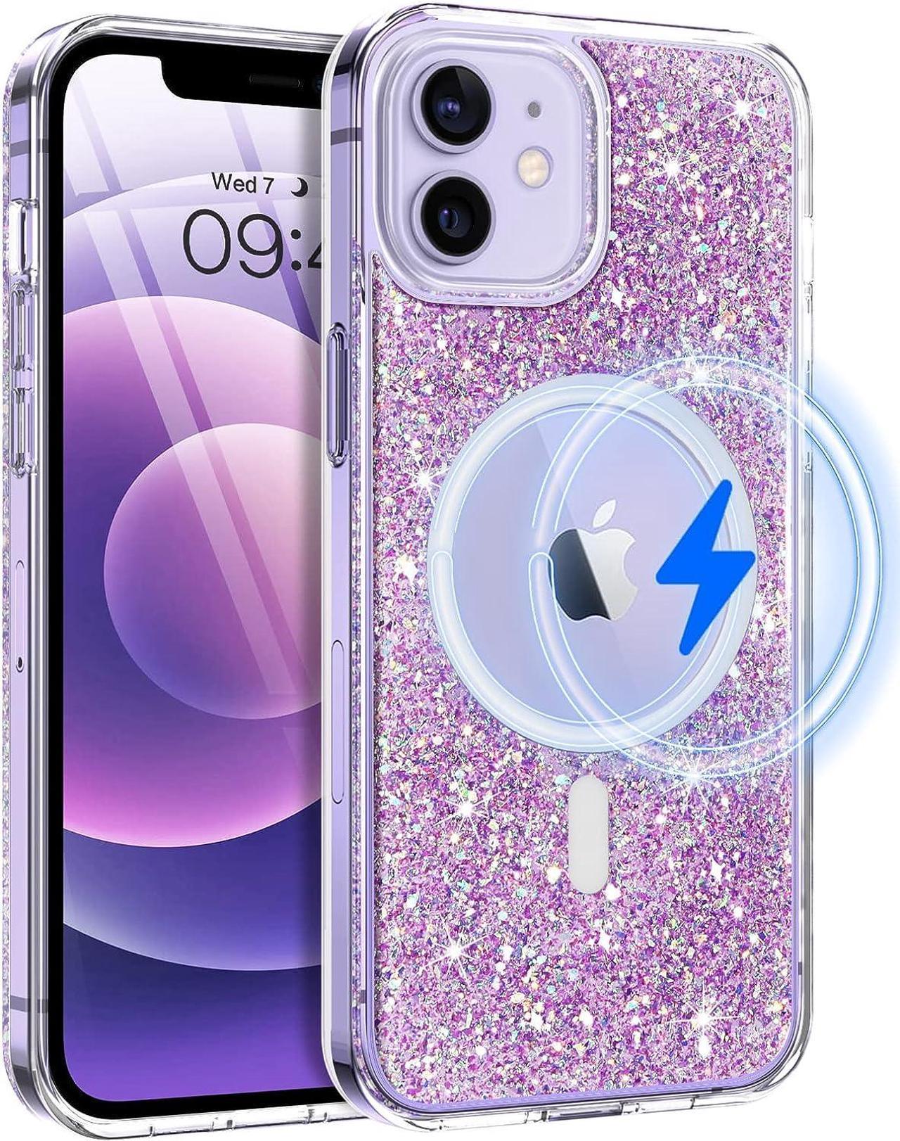 Design for iPhone 12/12 Pro Case [Compatible with MagSafe] Clear Glitter Magnetic Case Slim Bling Sparkly Women Girls Girly Soft Cute Shockproof Protective Phone Cover 6.1 Inch, Purple