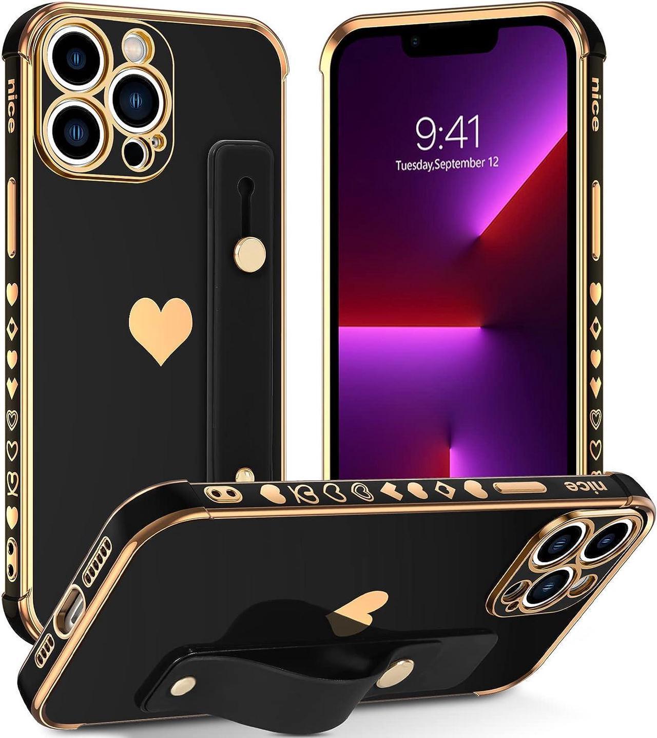 iPhone 13 Pro Max Case 6.7 Inch with Kickstand Heart Pattern Finger Loop Stand Holder Women Girls Slim Love Plating Hand Wrist Strap Soft Silicone Shockproof Protective Phone Cover, Black