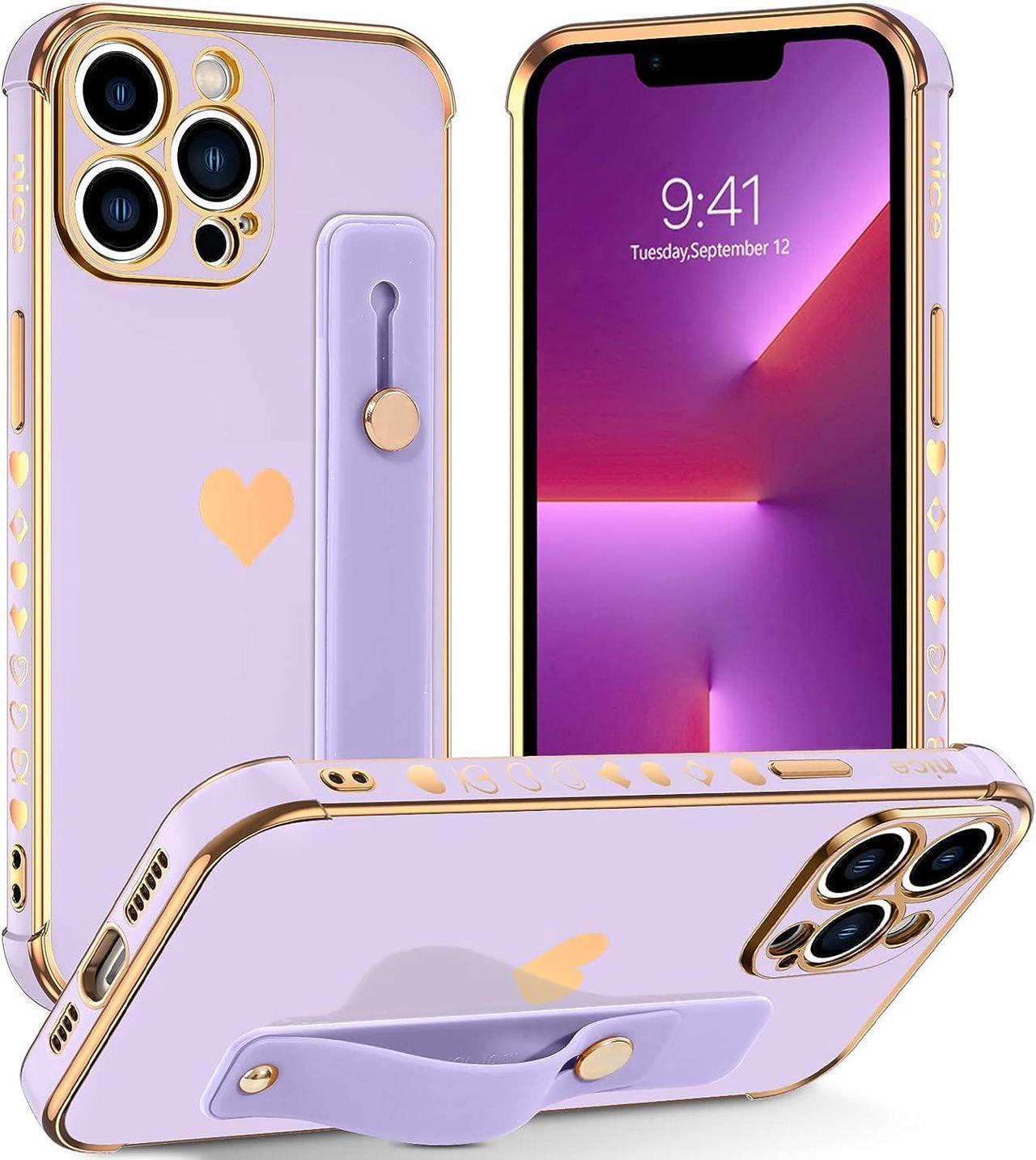 iPhone 13 Pro Max Case,Women Girls Love Plating Hearts Pattern Wristband Holder Kickstand Hand Strap Slim Soft Shockproof Protective Phone Cases Cover for Apple iPhone 13 Pro Max,Purple