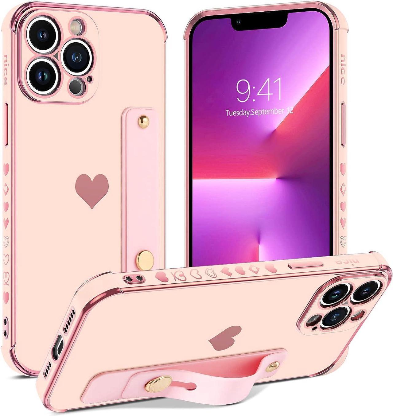 Case for iPhone 13 Pro Max, 6.7 inch with Finger Loop Holder Kickstand Love Plating Hearts Pattern Wristband Women Girls Slim Soft Shockproof Protective Phone Cover, Pink