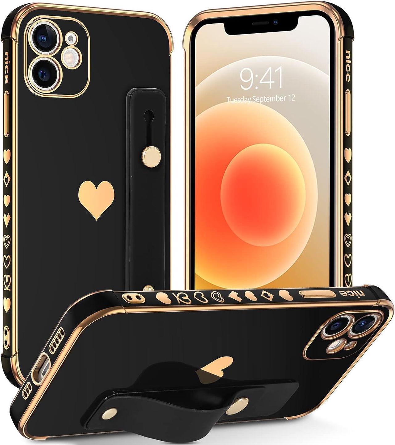 Case for iPhone 12, Hearts Pattern Love Plating Women Girls Wristband Holder Kickstand Hand Strap Stand Slim Fit Soft Shockproof Protective Phone Cases Cover for iPhone 12 6.1 inch 2020, Black