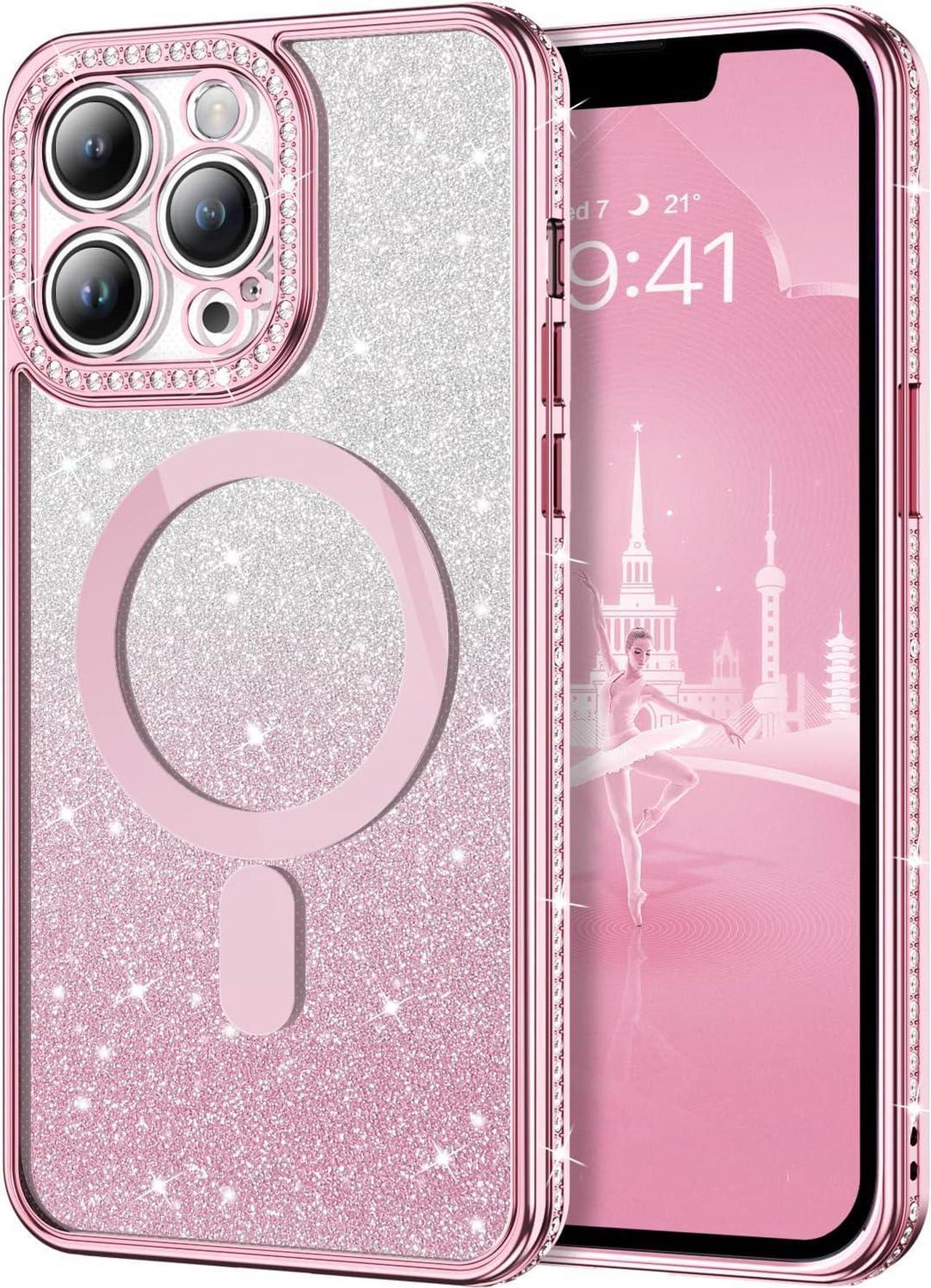 Case for iPhone 13 Pro max,[Compatible with MagSafe] Clear Glitter Case Magnetic Slim Crystal Bling Sparkle Women Girls Girly Soft Anti-Scratch Shockproof Protective Phone Cover 6.7 Inch, Pink