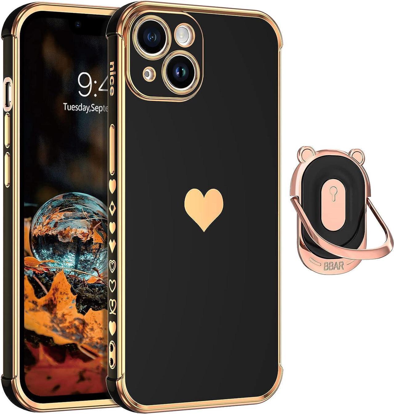 Case for iPhone 14 6.1 Inch with Ring Holder Cute Bear Kickstand Finger Loop Stand Women Girls Slim Heart Pattern Soft Electroplated Gold Shockproof Protective Phone Cover, Black