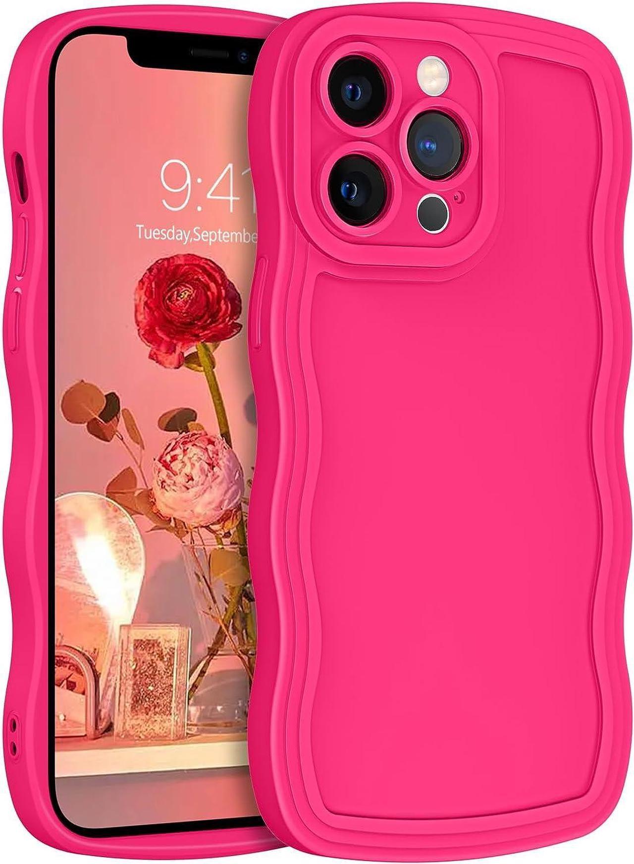 Designed for iPhone 12 Pro Max Case, Neon Pink Soft Silicone Gel Rubber Phone Cover, Cute Curly Wave Frame Shape Slim TPU Bumper Shockproof Protective Case 6.7 Inch, Hot Pink