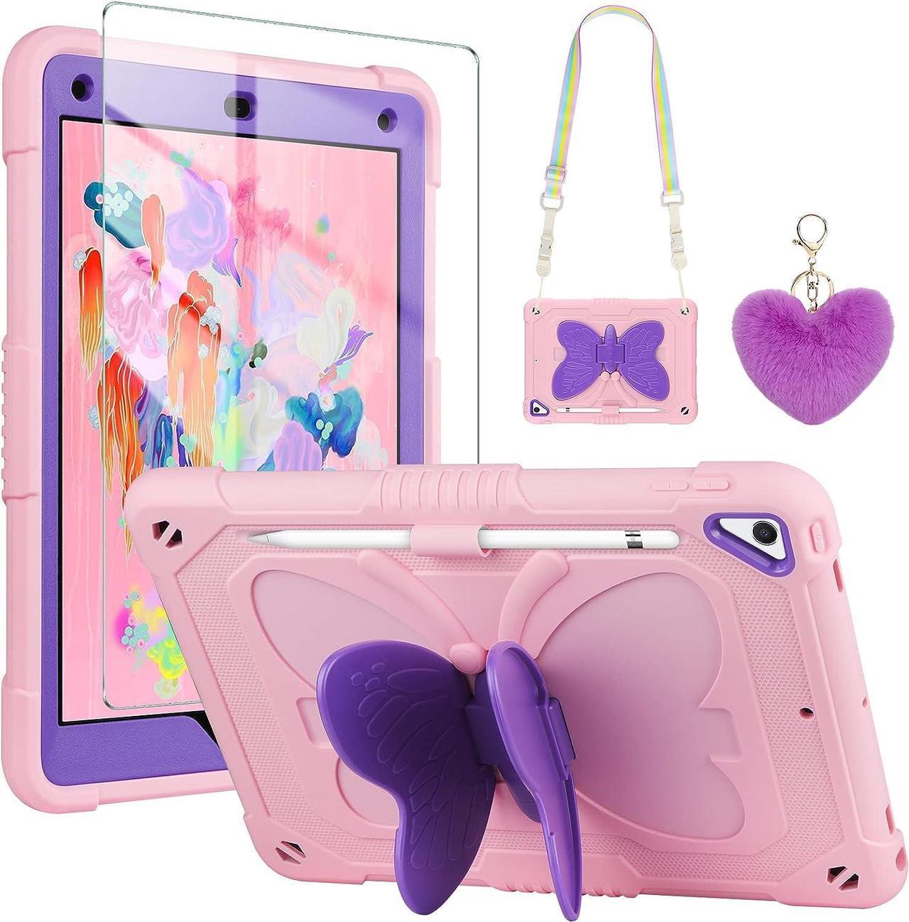 for iPad 9.7 Case iPad 6th 5th Generation Cases with Screen Protector/Butterfly Kickstand/Lanyard/Keychain Rugged Case with Pencil Holder for Girls Kids iPad Air 2 Case 9.7'' Pink Purple