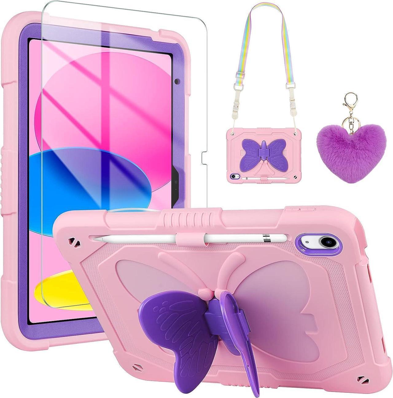 for iPad 10th Generation Case 2022 with Screen Protector/Butterfly Kickstand/Lanyard/Keychain Rugged Case with Pencil Holder for Girls Kids Cover for iPad 10th Gen 10.9'' Pink Purple