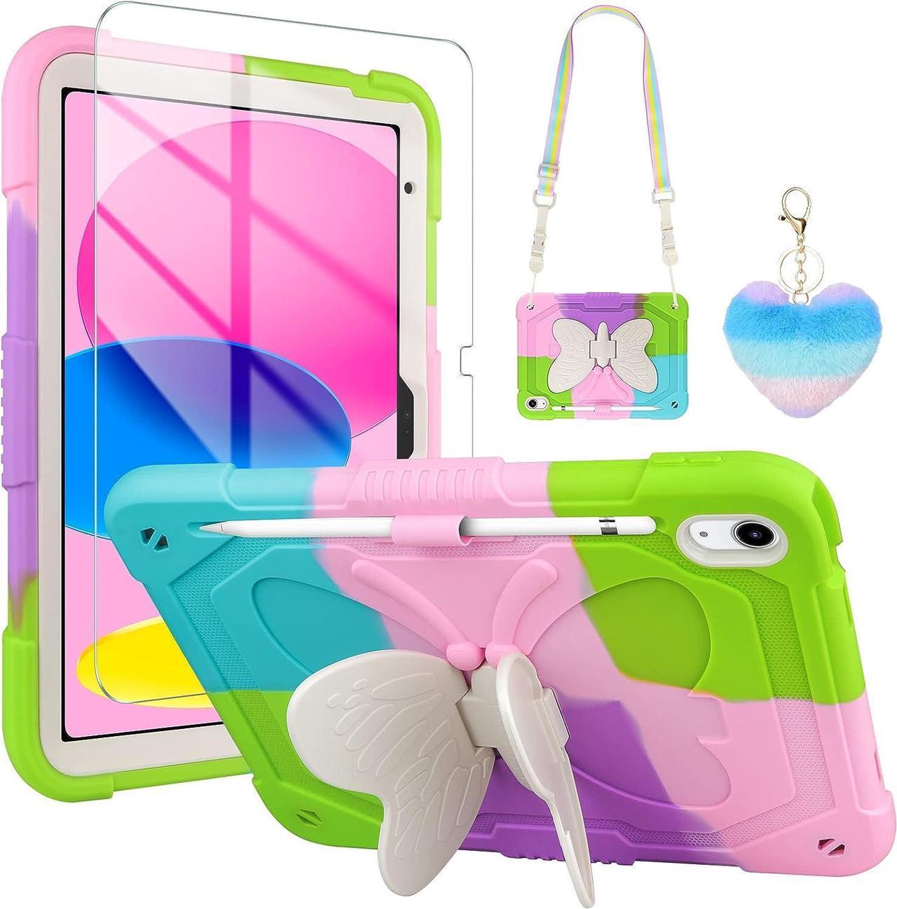 for iPad 10th Generation Case 2022 with Butterfly Kickstand/Screen Protector/Lanyard/Keychain Rugged Case with Pencil Holder for Girls Kids Tablet Cover for iPad 10th Gen 10.9'' Rainbow Pink