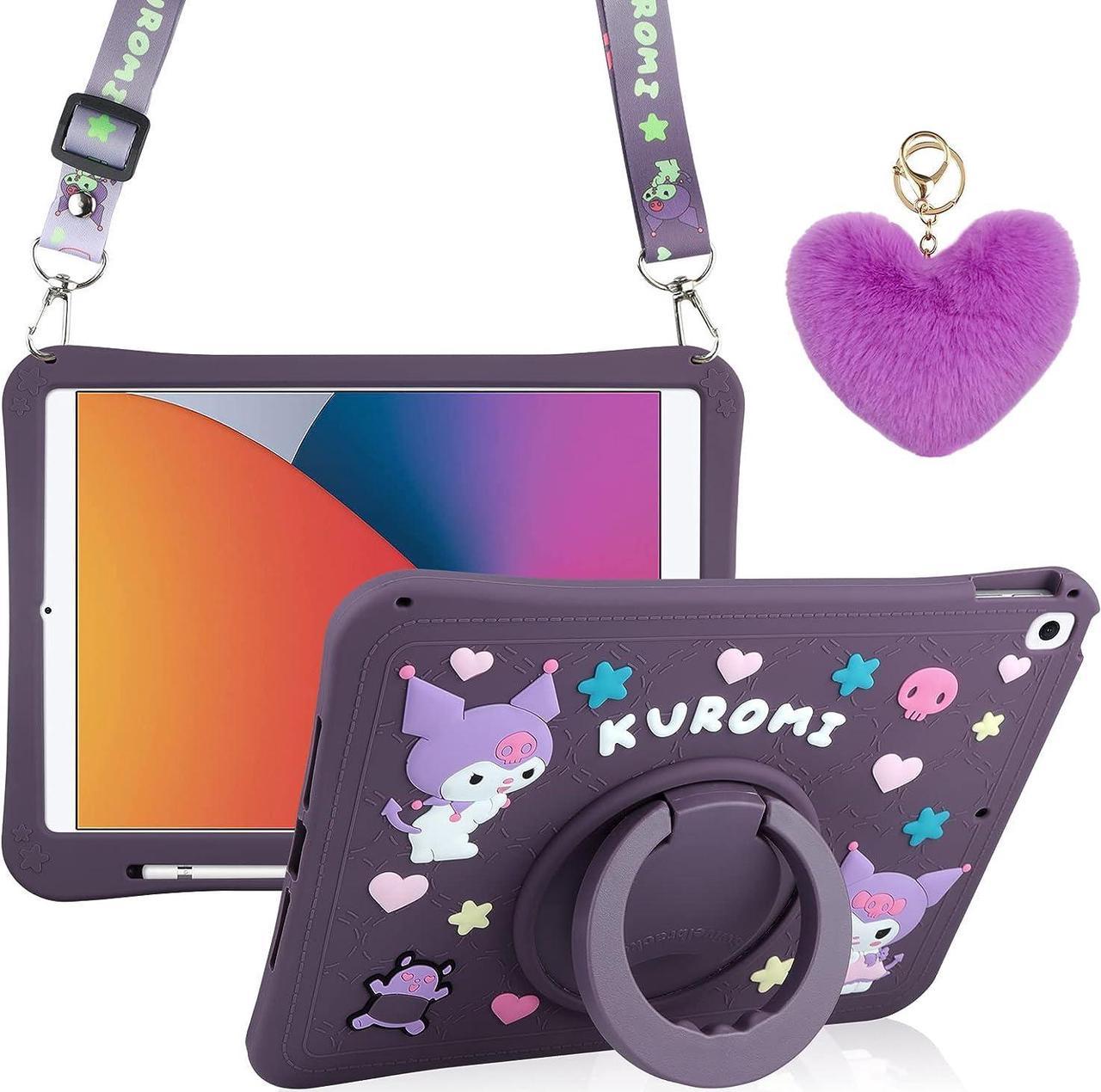 for iPad 9th Generation Case 8th 7th Generation Case iPad 10.2 Case with Kickstand Lanyard Heart Keychain Pencil Holder Silicone Case for Girls Kids Cute Protective Tablet Cover Dark Purple