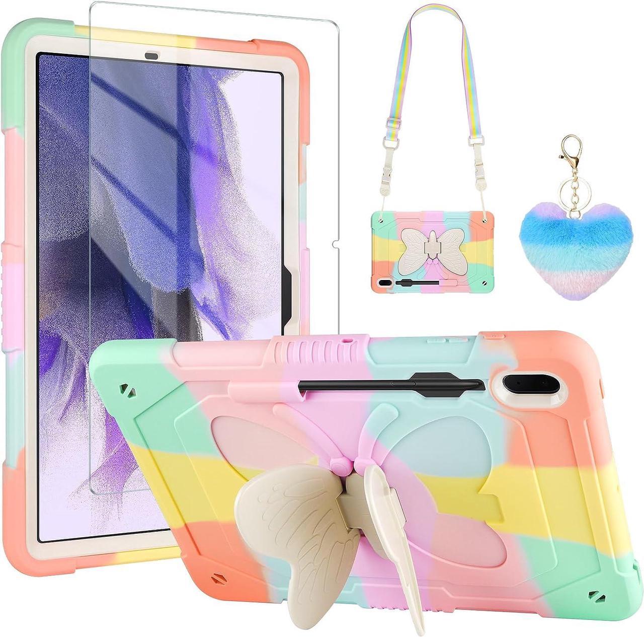 for Samsung Galaxy Tab S8 Plus/S7 FE Case 12.4 inch with Screen Protector/Butterfly Kickstand/Lanyard/Keychain/Pencil Holder Rugged Case for Kids Girls for S8 Plus/S7 FE /S7 Plus Rose Gold