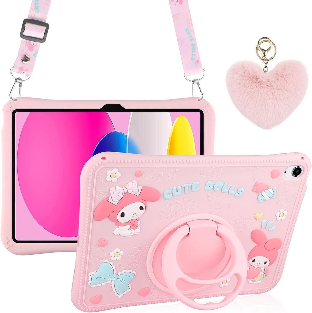 for iPad 10th Generation Case 2022 with Kickstand Lanyard Heart Keychain Silicone Case for Girls Kids Cute Protective Tablet Cover for iPad 10th Gen 10.9 inch 2022 Pink