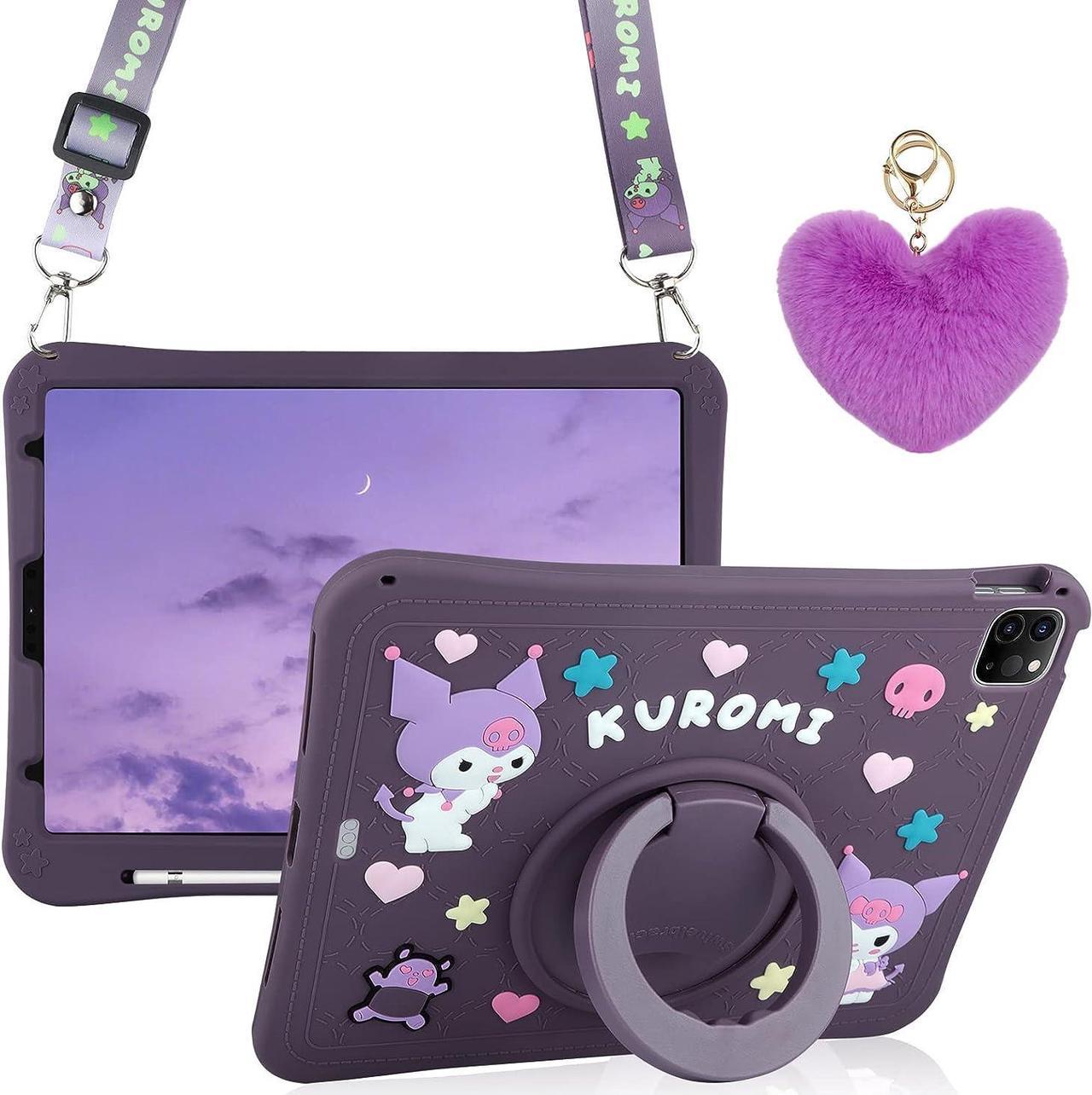 for iPad Air 5th Generation Case iPad Pro 11 Inch Case 4th/3rd/2nd/1st with Kickstand Pencil Holder Lanyard Keychain for Girls Kids Cute Tablet Cover for iPad Air 5 4 10.9'' Dark Purple