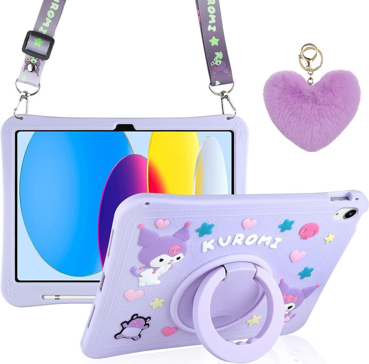 for iPad 10th Generation Case 2022 with Kickstand Lanyard Heart Keychain Pencil Holder Silicone Case for Girls Kids Cute Protective Tablet Cover for iPad 10th Gen 10.9 inch 2022 Lilac Purple