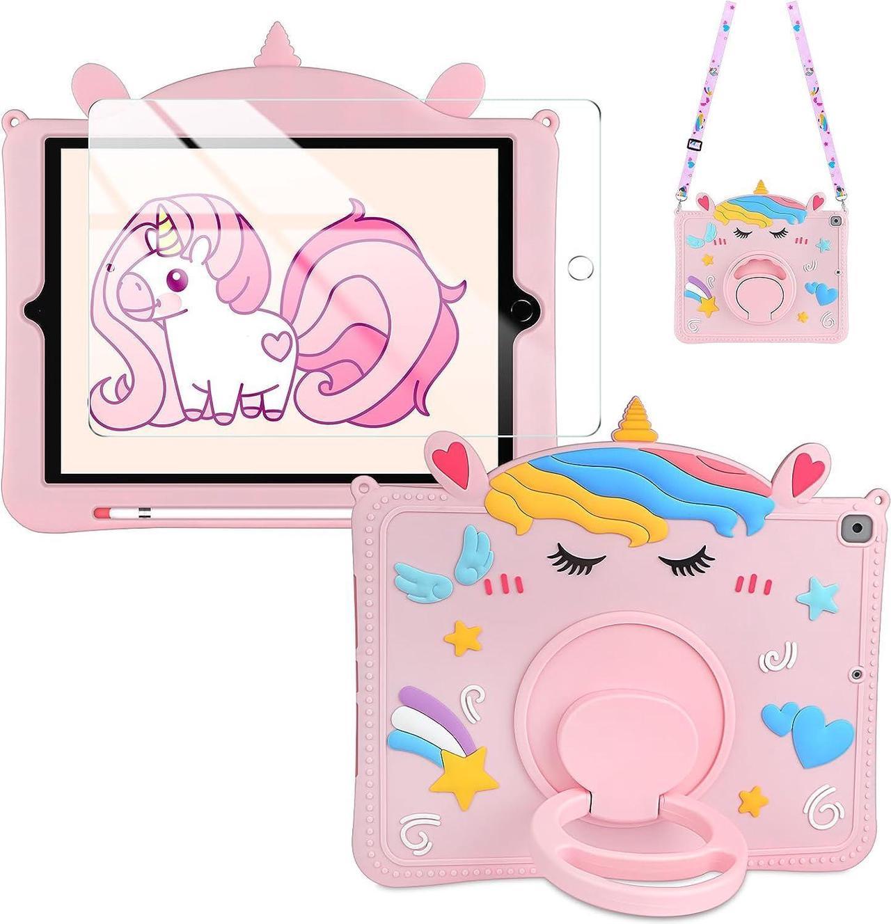 for iPad 9th 8th 7th Generation Case 10.2 inch with Screen Protector 360° Rotating Kickstand Shoulder Strap Cute Cartoon Silicone Case for Kids Girls Cover for iPad 10.2 Case 2021 2020 2019