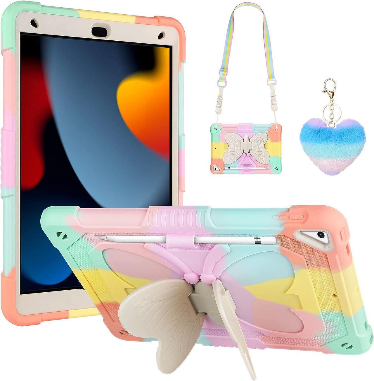 for iPad 9th Generation Case 8th 7th Gen 10.2 inch with Kickstand Lanyard Keychain Pencil Holder Rugged Heavy Duty Case for Girls Kids Tablet Cover for iPad 2021 2020 2019 10.2'' Rose Gold