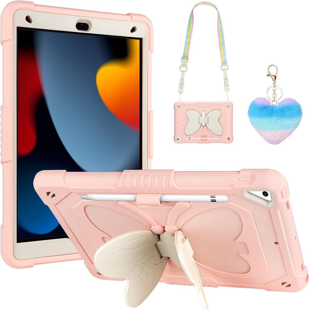 for iPad 9th Generation Case 8th 7th Gen 10.2 inch with Kickstand Lanyard Keychain Pencil Holder Rugged Heavy Duty Case for Girls Kids Tablet Cover for iPad 2021 2020 2019 10.2'' Pink