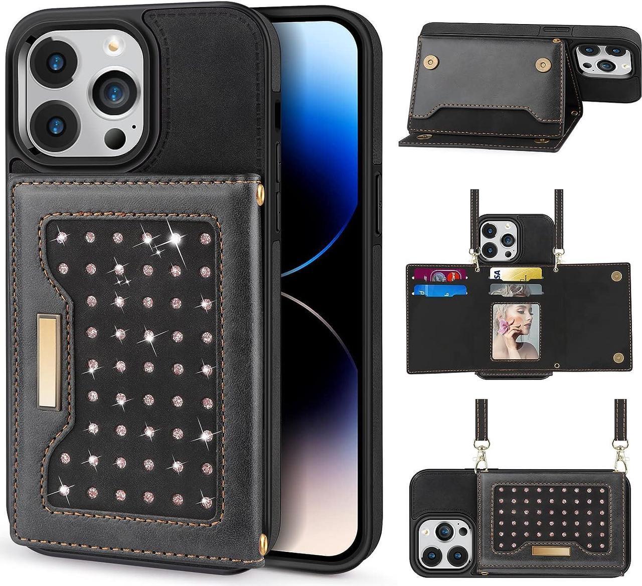 for iPhone 14 Pro Case Wallet Card Holder for Women, Bling Luxury Flip Leather Crossbody Case with Strap Kickstand, Magnetic Clasp Purse Cover Compatible with iPhone 14 Pro 6.1 Inch Black