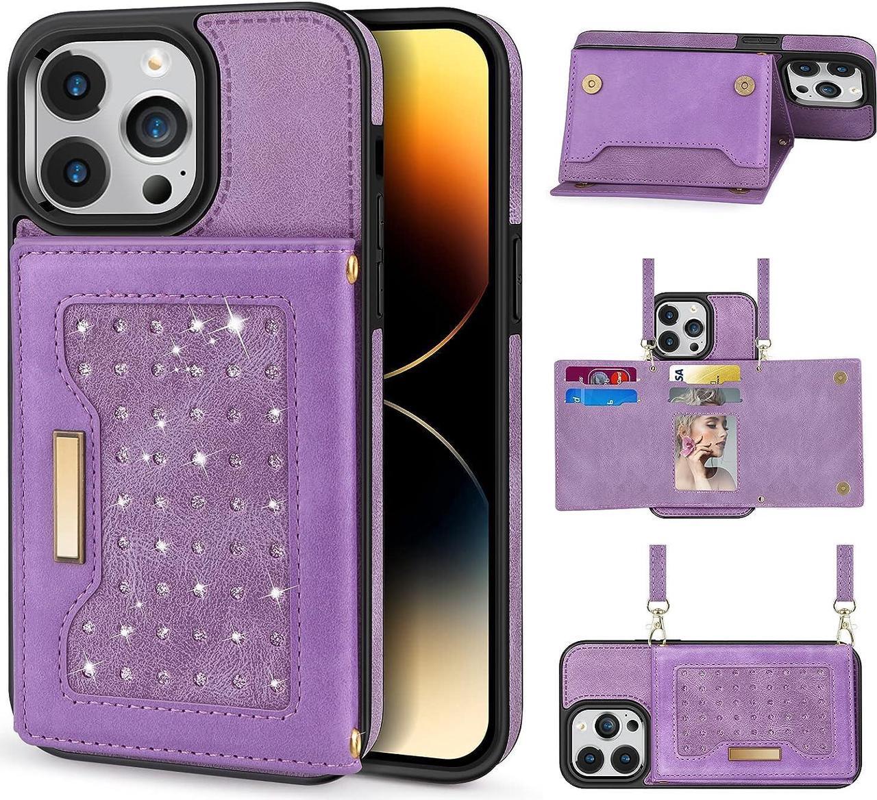 for iPhone 14 Pro Max Case Wallet Card Holder for Women Bling Luxury Flip Leather Crossbody Case with Strap Kickstand Magnetic Clasp Cover Compatible with iPhone 14 Pro Max 6.7 Inch Purple