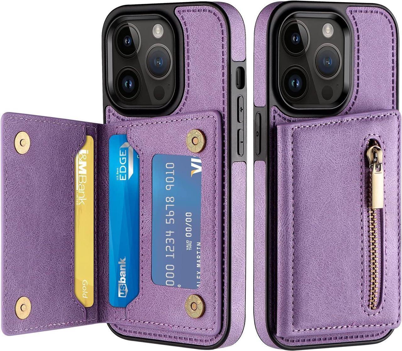 for iPhone 14 Pro Case, Wallet Case for iPhone 14 Pro with Card Holder Kickstand for Women Men Girls, Magnetic Clasp Flip Zipper Leather Cases Protective Cover for iPhone 14 Pro 6.1'' Purple