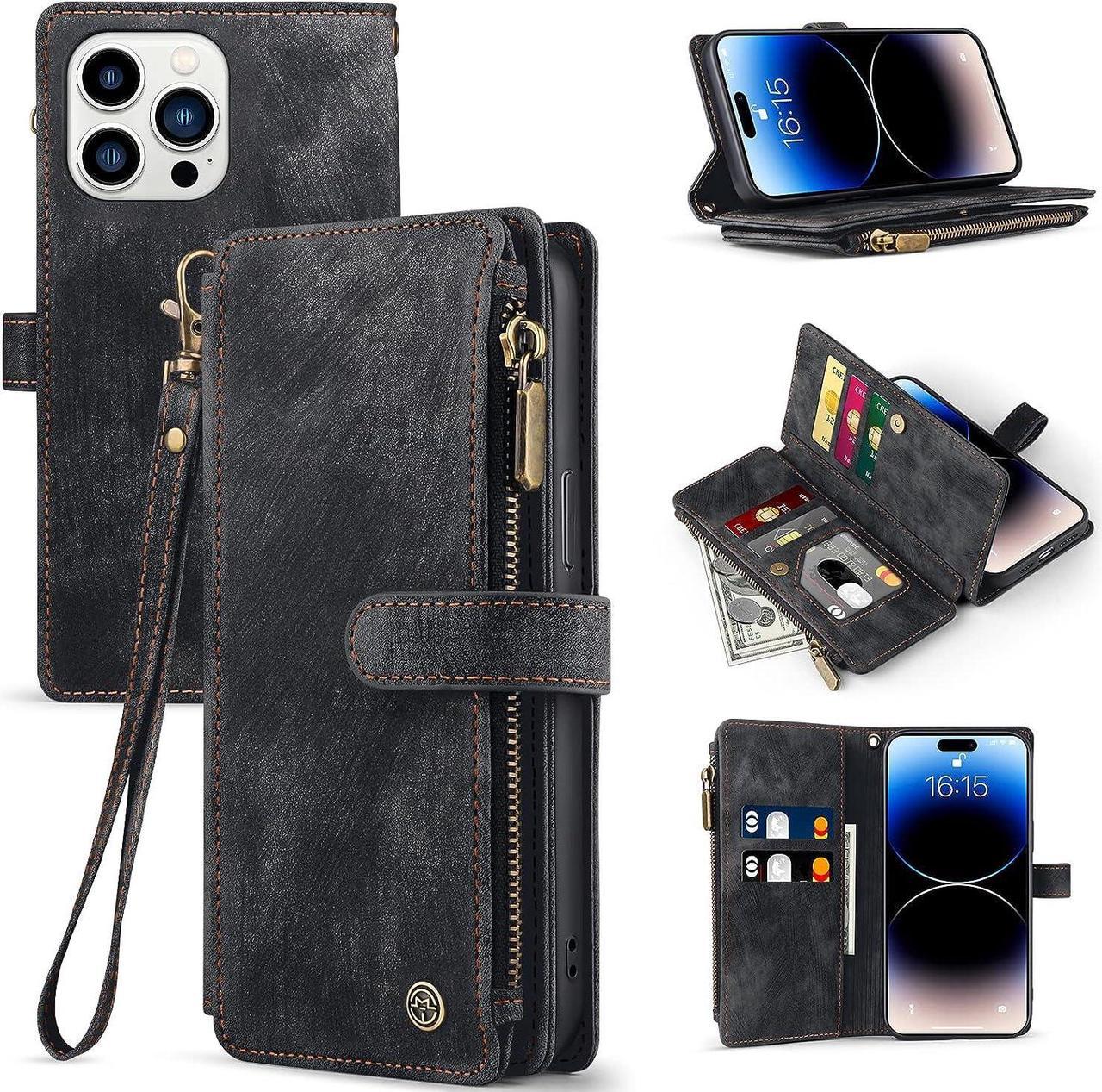 for iPhone 14 Pro Max Case, Wallet Case for iPhone 14 Pro Max with Card Holder Kickstand for Women Men Girls Magnetic Clasp FILP Zipper Leather Cases Cover for iPhone 14 Pro Max 6.7'' Black