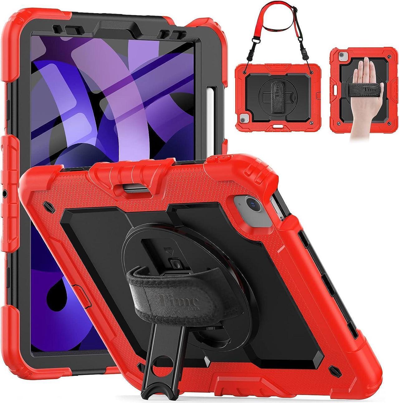 iPad Air 10.9 inch Case 2022/2020 Full-Body Drop Protection Case with Screen Protector & Pencil Holder [Swivel Stand] Hand Strap+Shoulder Strap Cases for iPad Air 5th /4th Generation, Red